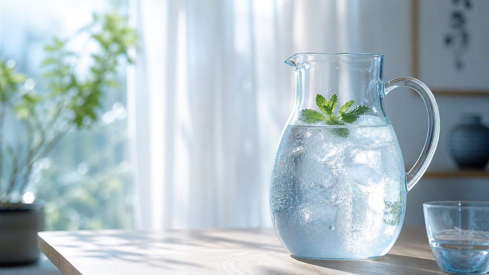 氷とミントを浮かべた冷たい水のピッチャー、夏の朝の光が差し込むキッチン