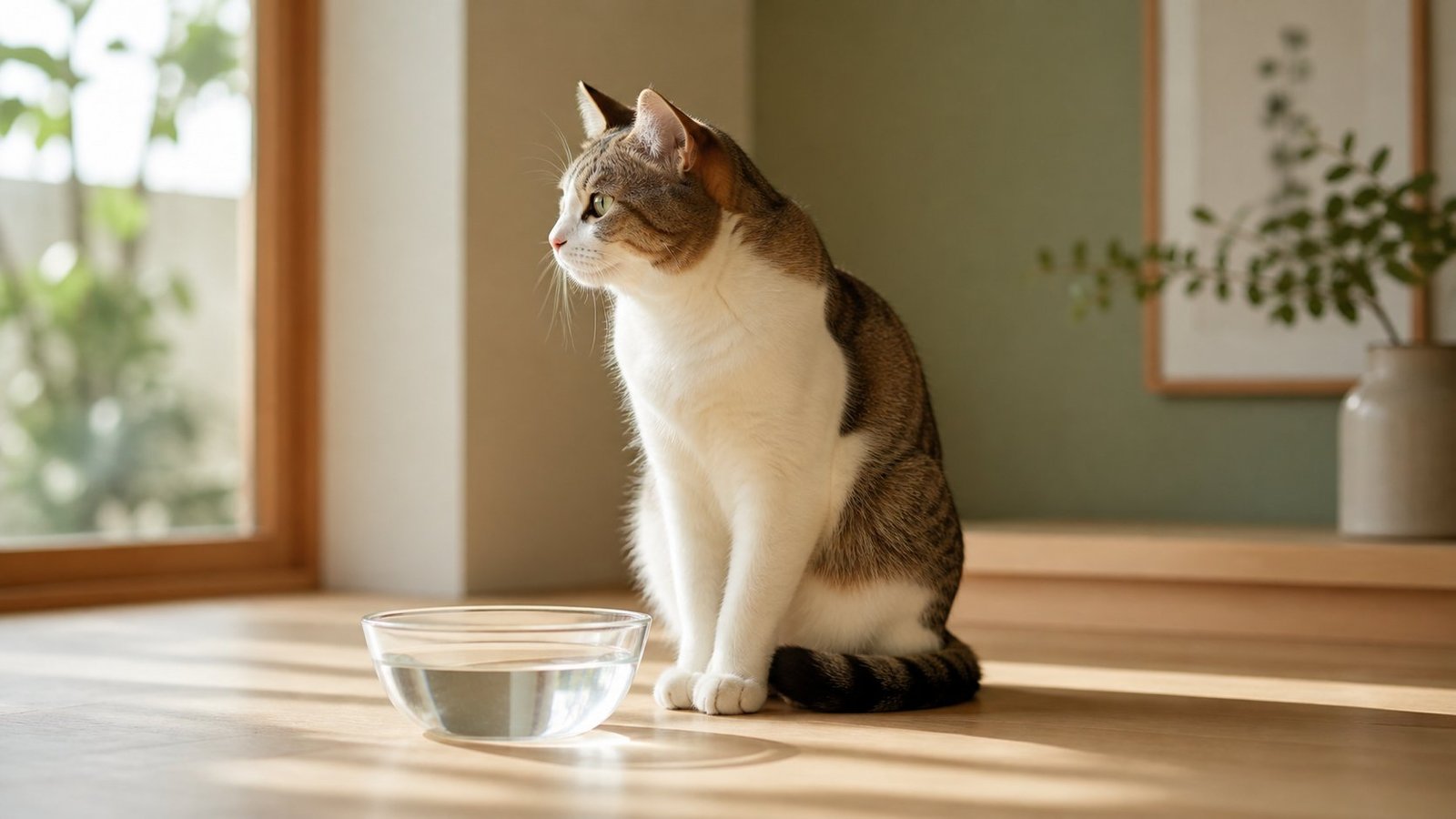 窓辺で日光浴をする猫と、清潔な水を入れたガラスボウル